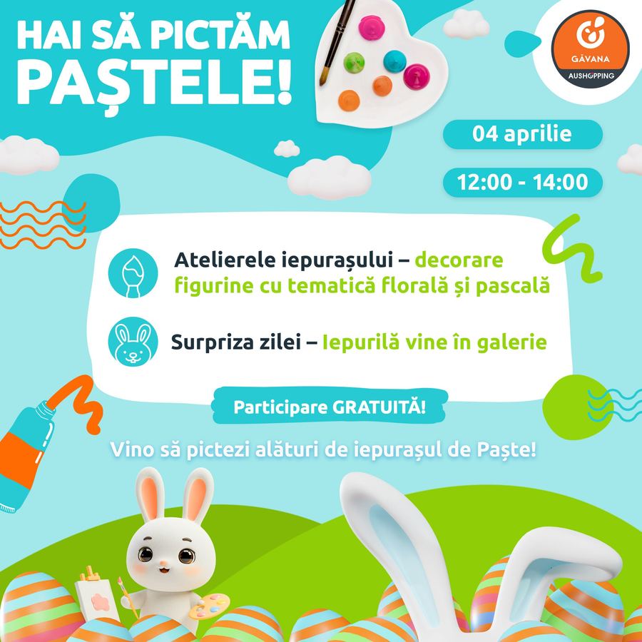 Afiș Hai să pictăm Paștele la Aushopping Pitești Găvana